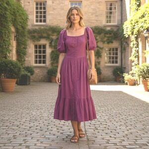 Skunk Brazil Magenta Cotton Puff Sleeve Button Front Tiered Maxi Dress Size 38